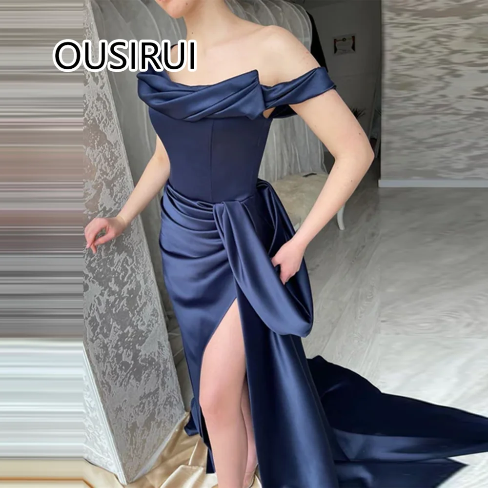 Amazing Off-Shoulder Satin Pleated Formal Evening Dress Mermaid Sexy Side High Split Sweep Trian Bridesmaid Prom Gown Custom