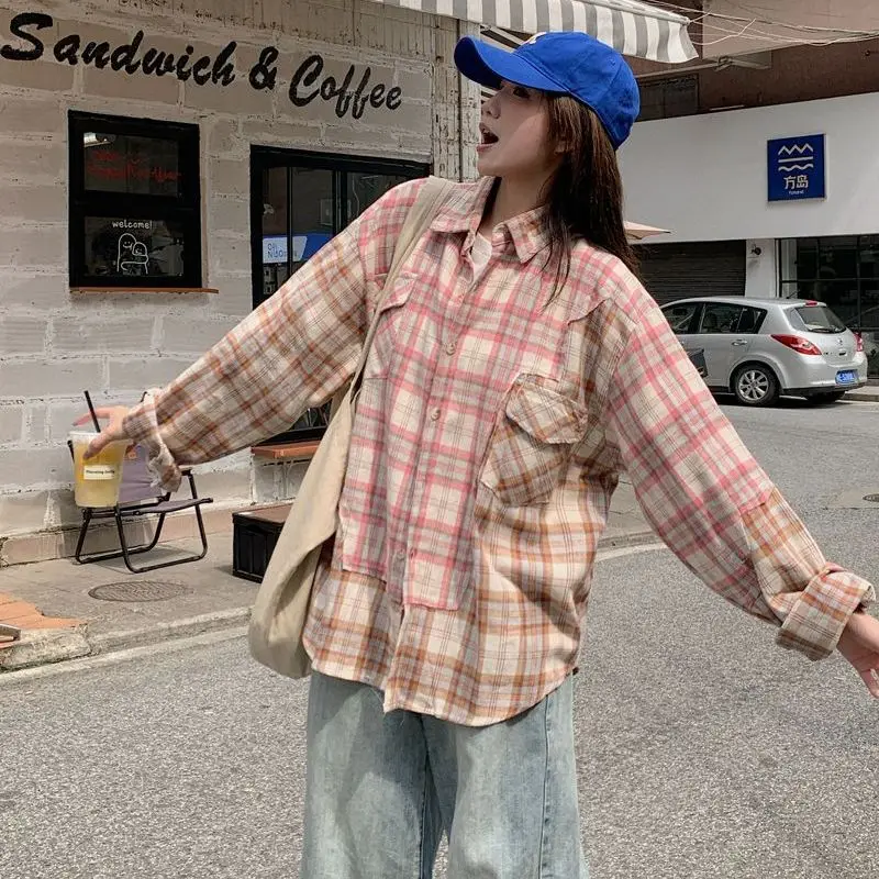 

2025 New Korean Style Loose Casual Plaid Women's Shirt Long Sleeve Design Sense Stripe Outerwear Trendy Casual Fashion