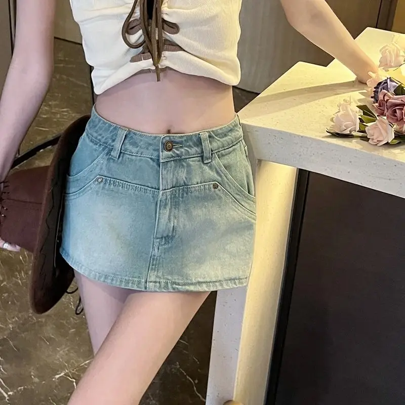

Женская джинсовая мини-юбка в американском ретро-стиле, с высокой талией, облегающая, А-силуэт, ультракороткая, новая летняя коллекция