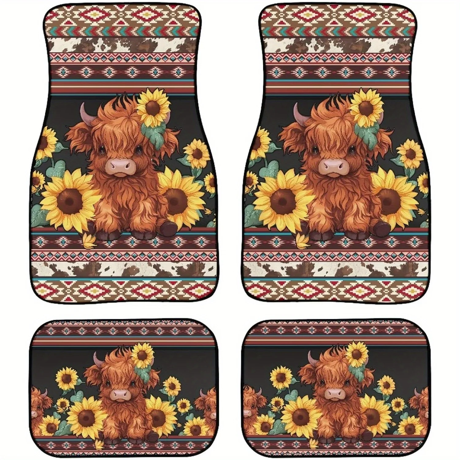 4pcs Yellow Sunflower Highland Cow Car Floor Mats Aztec Tribal Auto Floor Mats Brown Cow Spots Rubber Carpet Floor Mats Fit For