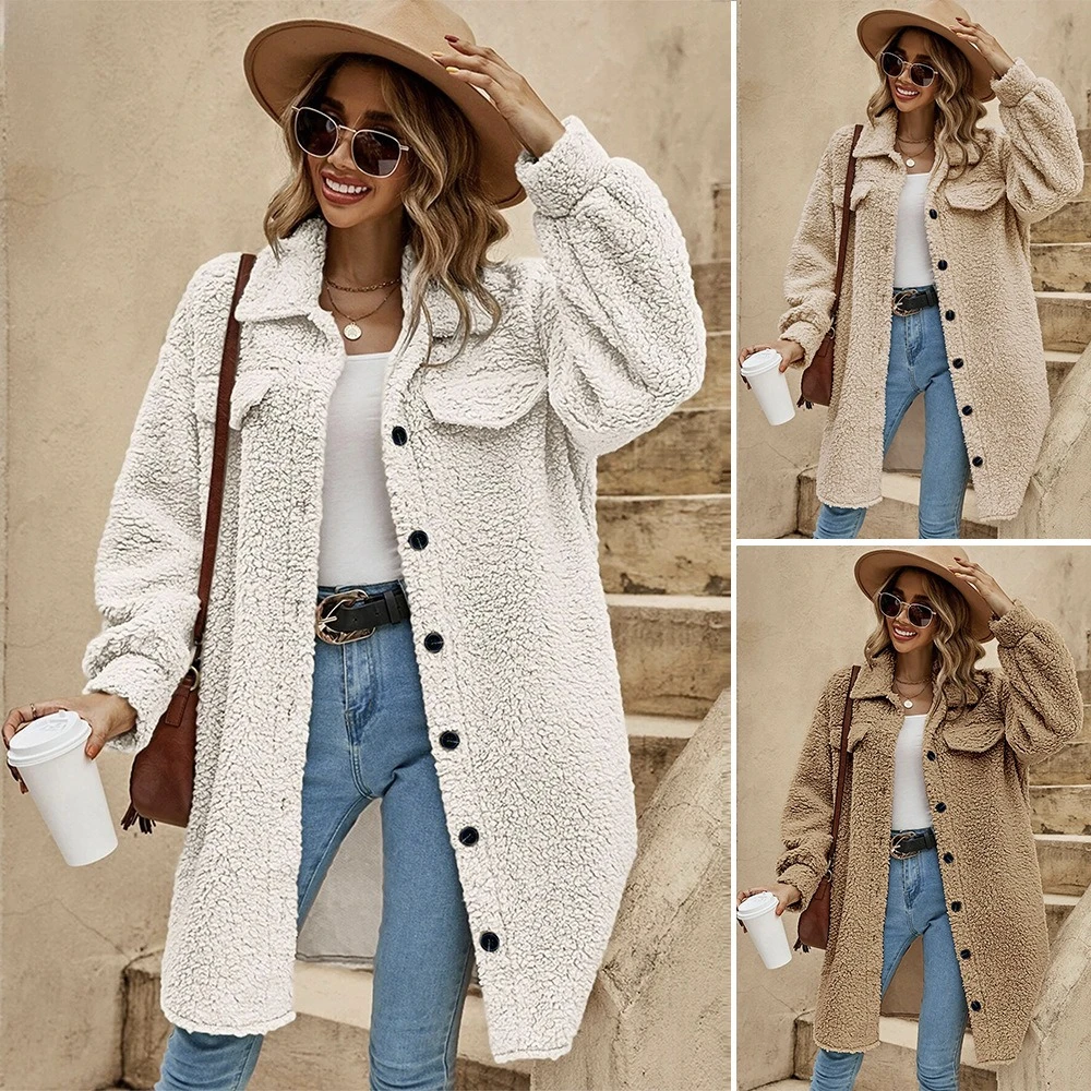 Women Single Breasted Plush Coat Fashion Casual Solid Long Sleeved Lapel Open Front Jacket Turn-down Collar Fluffy Outerwear
