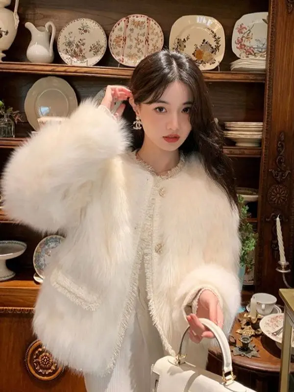 

Экологичная женская теплая верхняя одежда с меховыми вставками, круглым вырезом и длинными рукавами, модная, для похудения, новинка зимы