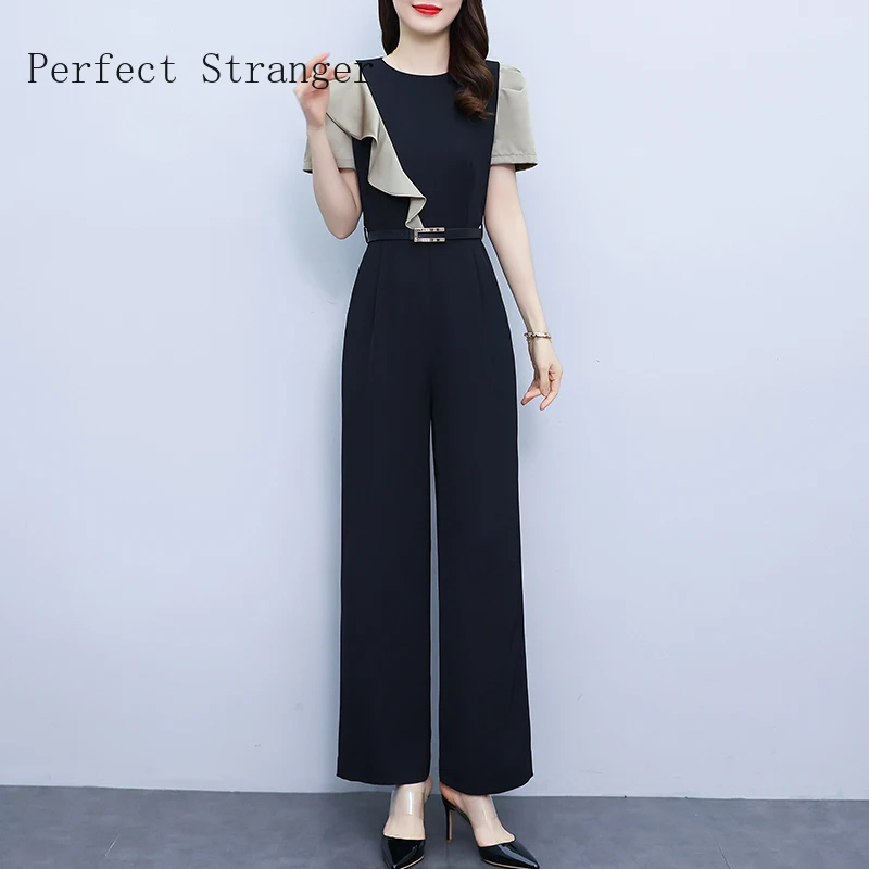 

High Quality Women's Clothing Color Block O-neck Short Sleeve Ruffles Casual Pants Jumpsuit Elegant Jump Suits for Women