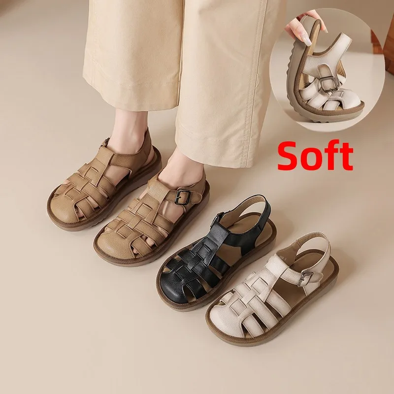 

CICIYANG Retro Sandals Women Cow Leather 2026 Summer New Round Toe Plus-size Sandals Outdoor Ladies Shoes Soft Sole Sandals