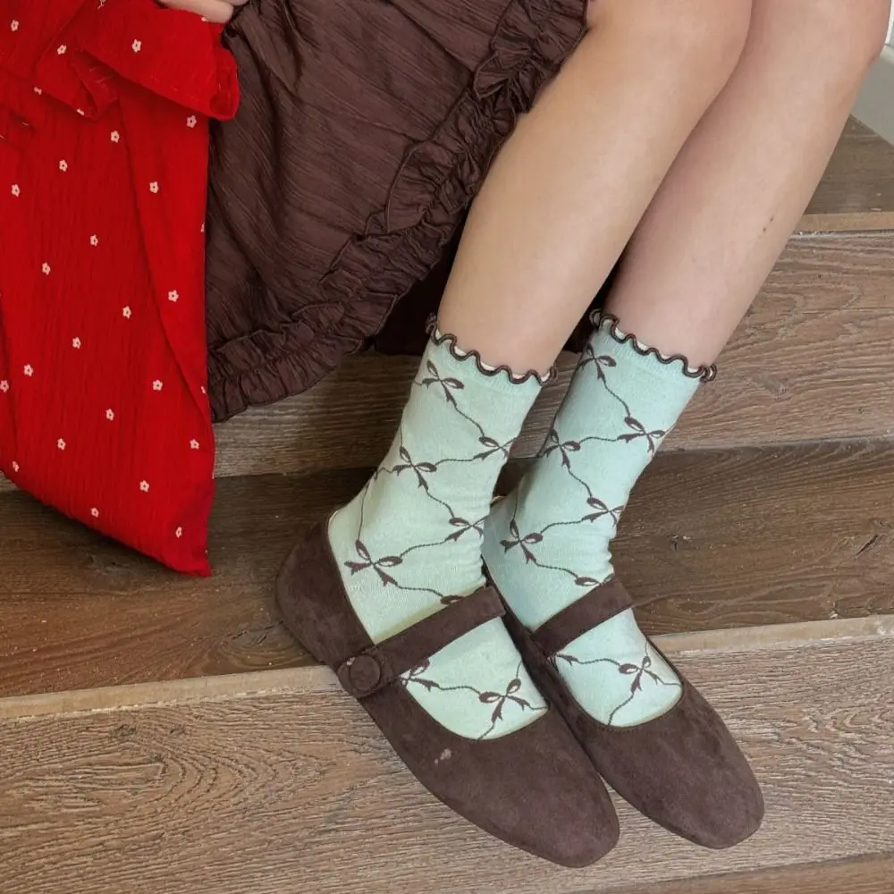 

5Pairs Fashion Thin Cotton Ruffle Bow Socks Breathable Lolita Mid Tube Socks Female Hosiery Ins Style Sweet Socks Women Lady
