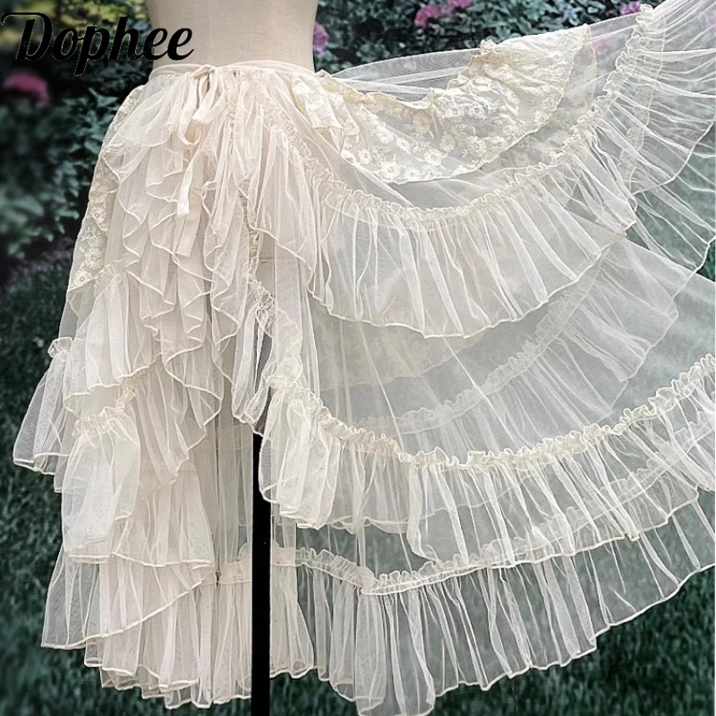 Dophee Big Bottom Japan Style Lolita Irregular Smock Skirt All-match High Waist A-line Mesh Skirt Elegant Ruffles Trailing Skirt