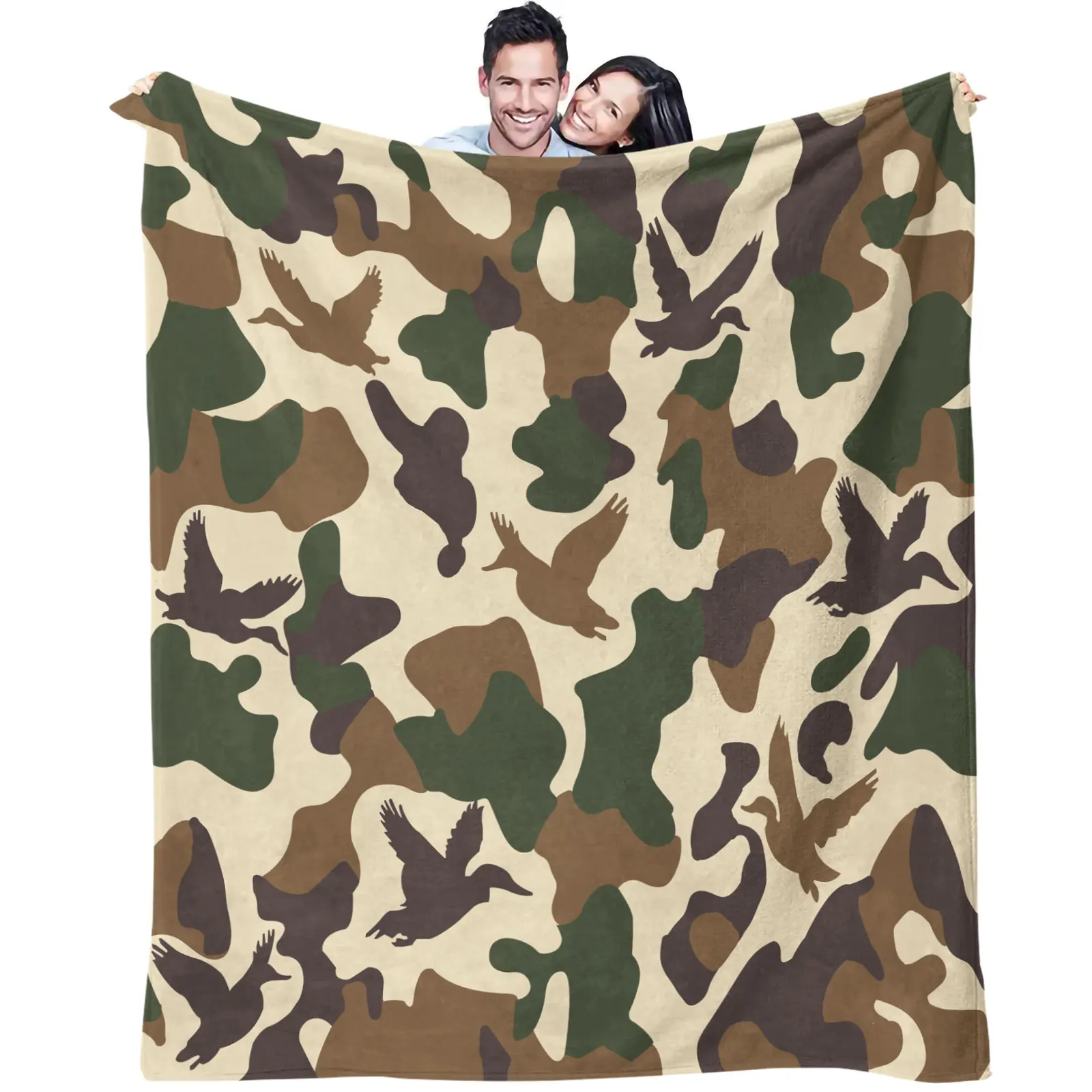 Duck Camo Flannel Throw Blanket Vintage Camouflage Flying Duck Pattern Soft Lightweight Warm Cozy Blanket for Sofa Bed Hunting