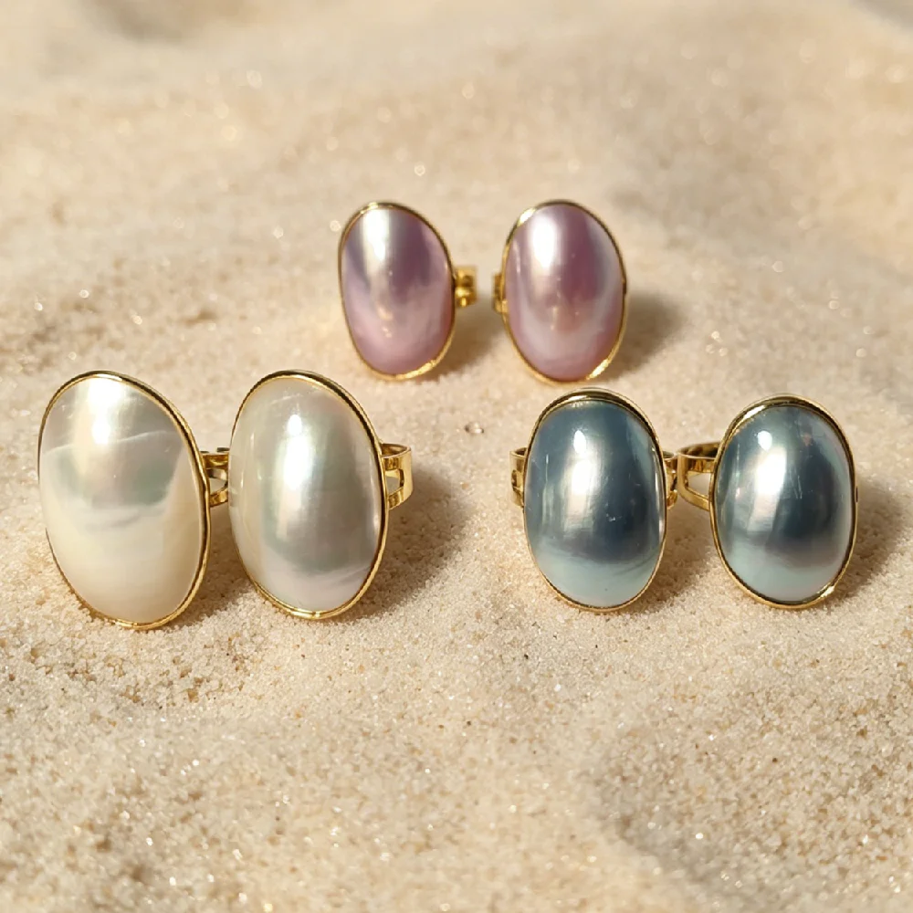 Oval Iridescent Mother Of Pearl Bezel Set Adjustable Rings Golden Plated Wholesale Shell Craft Supplies R2G512