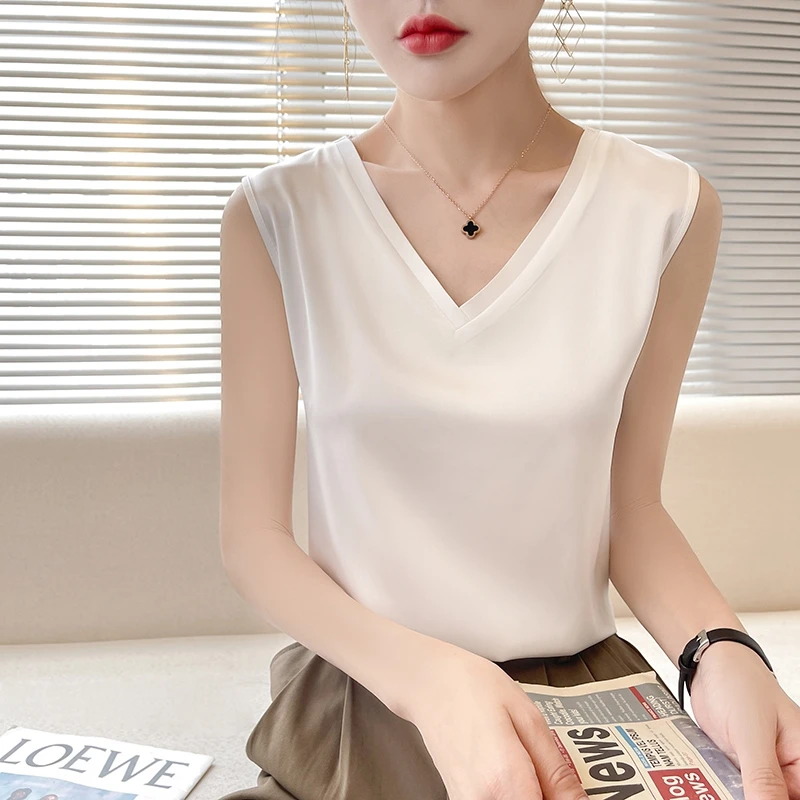 2023 High Quality Summer V-Neck Silk Satin Tank Top Office Lady Blouse Women Sleeveless Vest Plus Size Bottoming T-Shirt
