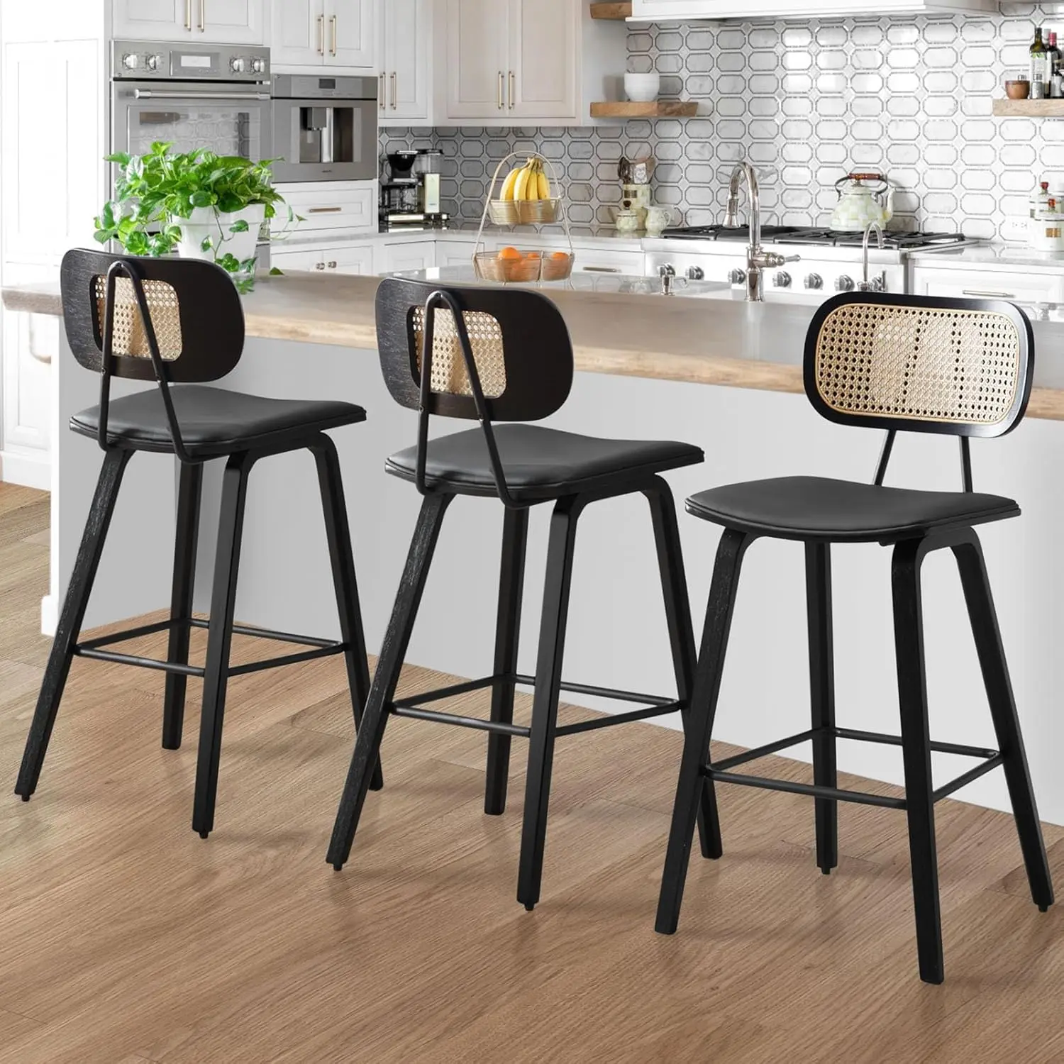 

Counter Height Bar Stools Set of 3, Wood Kitchen Stool PU Leather Upholstered Barstools with Rattan Back, Counter Island Chair