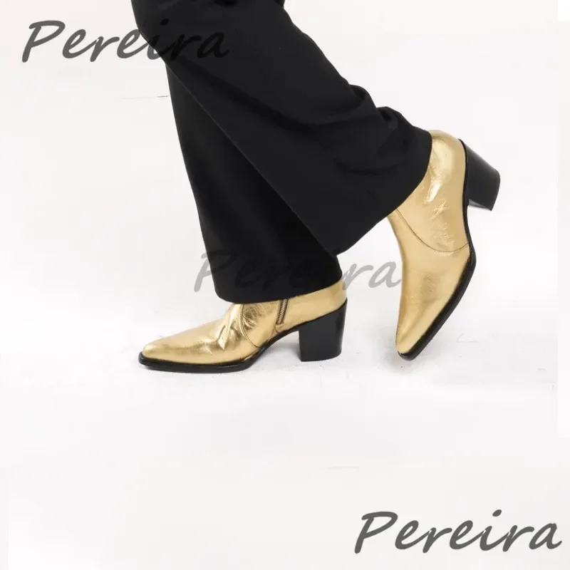 英国メンズ本革チェルシーブーツゴールドとんがりつま先 6 センチメートルハイヒールジッパーショートブーツ秋冬の新トレンディな男性の靴