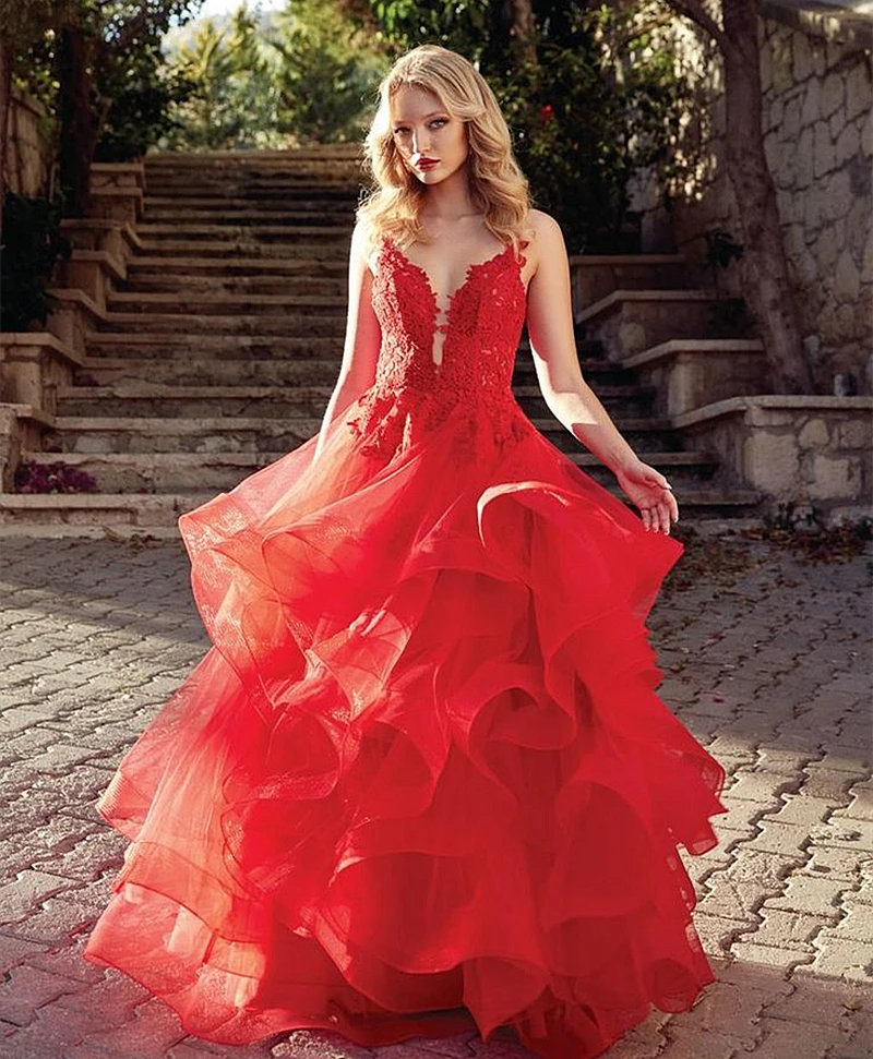 

Ruffles Red Prom Dresses Floor Length Pluffy A-Line Organza Birthday Party Special Occasion Dress for Women Customized