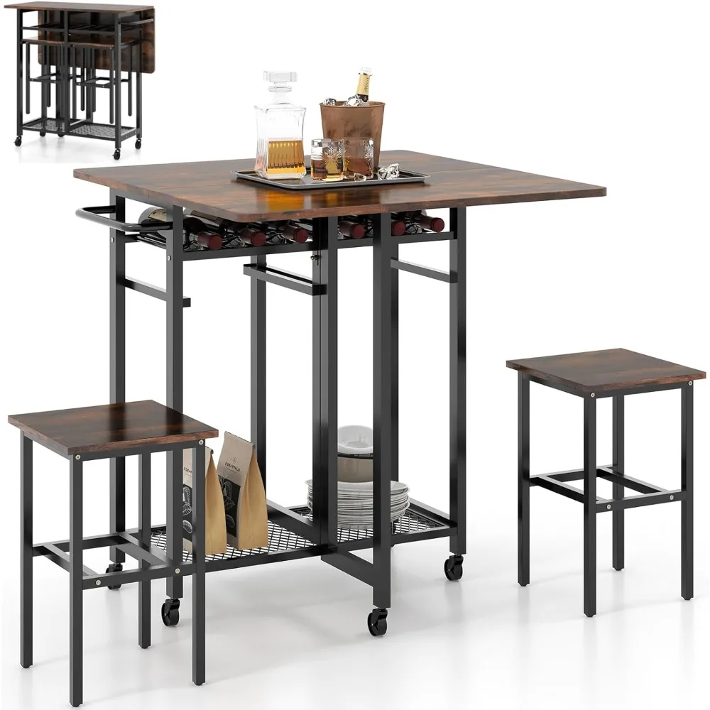 

3 Piece Dining Table Set, Folding Drop Leaf Dining Table and 2 Stools with Wine Rack, Shelves & 5 Wheels, Rolling Space Saving H