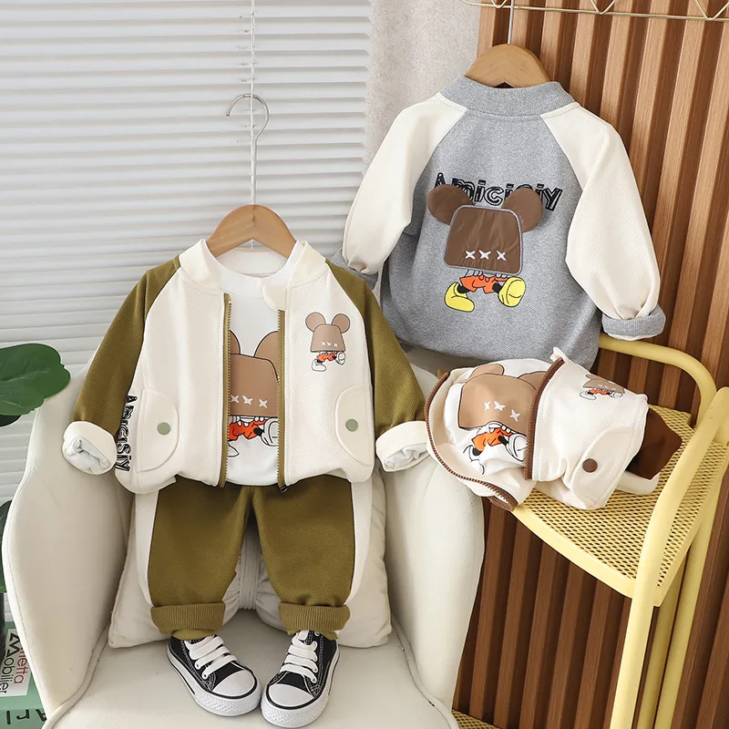 Autumn 2024 Kids Boys 3PCS Clothes Set Cartoon Cotton Shirts Patchwork Sleeve Coat Loose Pants Suit Children Baby Boy Outfits