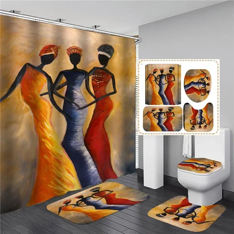 Vintage African Woman Shower Curtain Set Bathroom Curtains Bath Carpet Anti-slip Mats Doorhats Soft Toilet Rugs Home Decor 4pcs