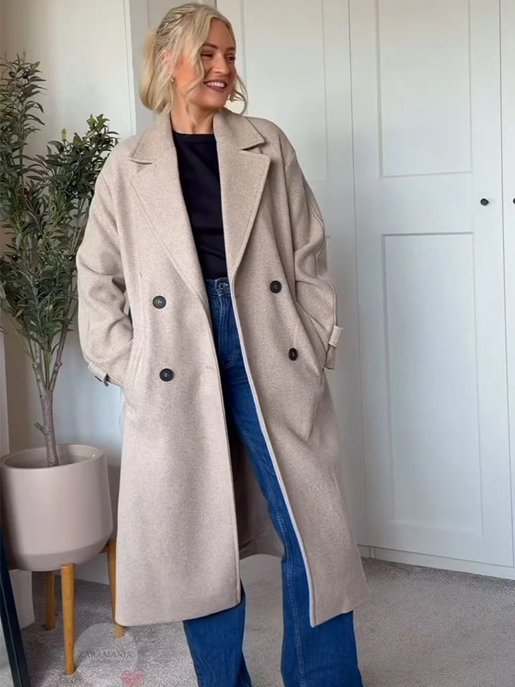 معطف صوف نسائي من TFMLN شتاء 2025 نمط جديد أنيق للركاب مزدوج الصدر معطف طويل فضفاض ناعم ودافئ ملابس للسيدات
