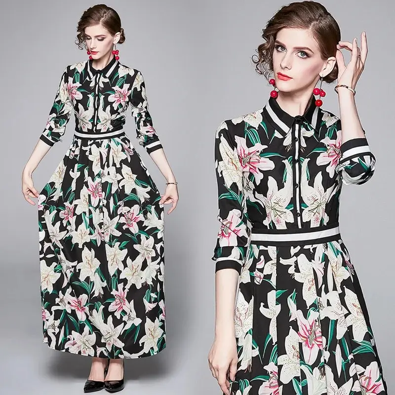 2024 Summer Runway Shirt Dress Women's Lapel Short Sleeve Gorgeous Flower Print Single Breasted Belt Pleated Midi Vestidos