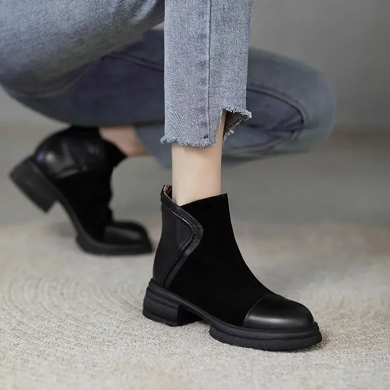 Booties Black Female Short Shoes Elegant With Medium Heels Women's Ankle Boots Round Toe Spring 2024 Winter On Promotion Boot Pu