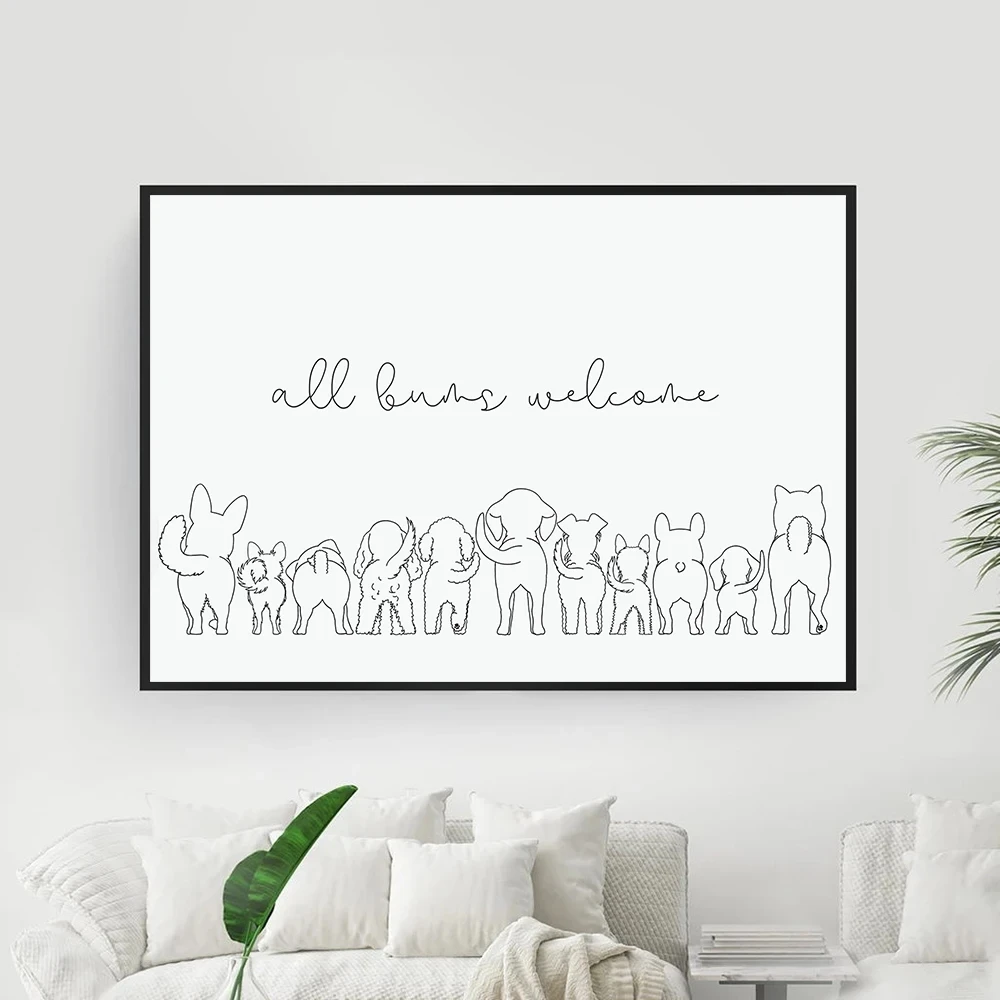 All Bums Welcome Quotes Prints Canvas Painting Line Art Dog Butts Bathroom Poster Wall Art Pictures for Toilet Room Decor