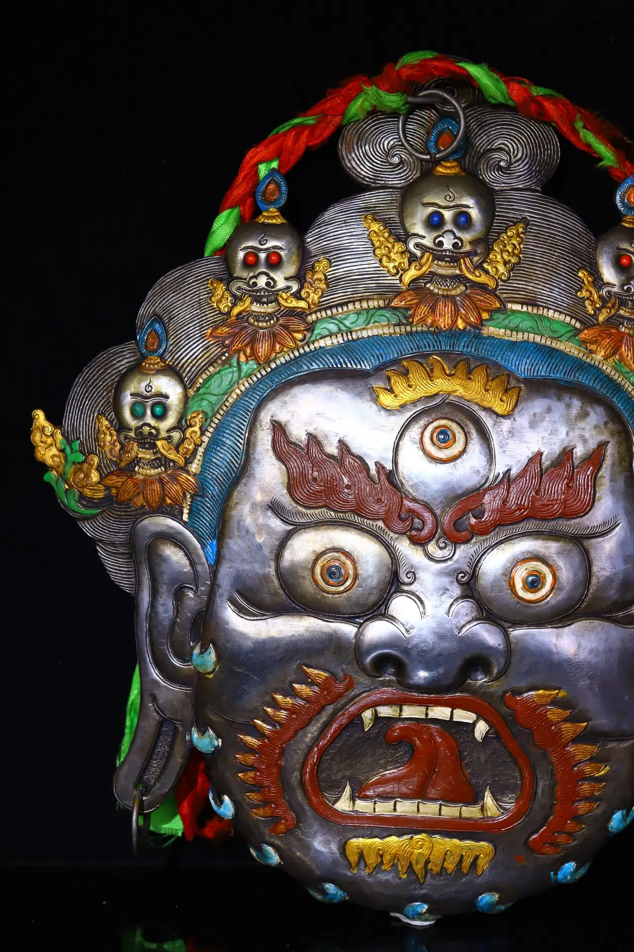 13"Xizang Folk  Tiantie Mosaic Gem Skull Mahakala Buddha Head Mask hanging  screen Town house Exorcism view 5