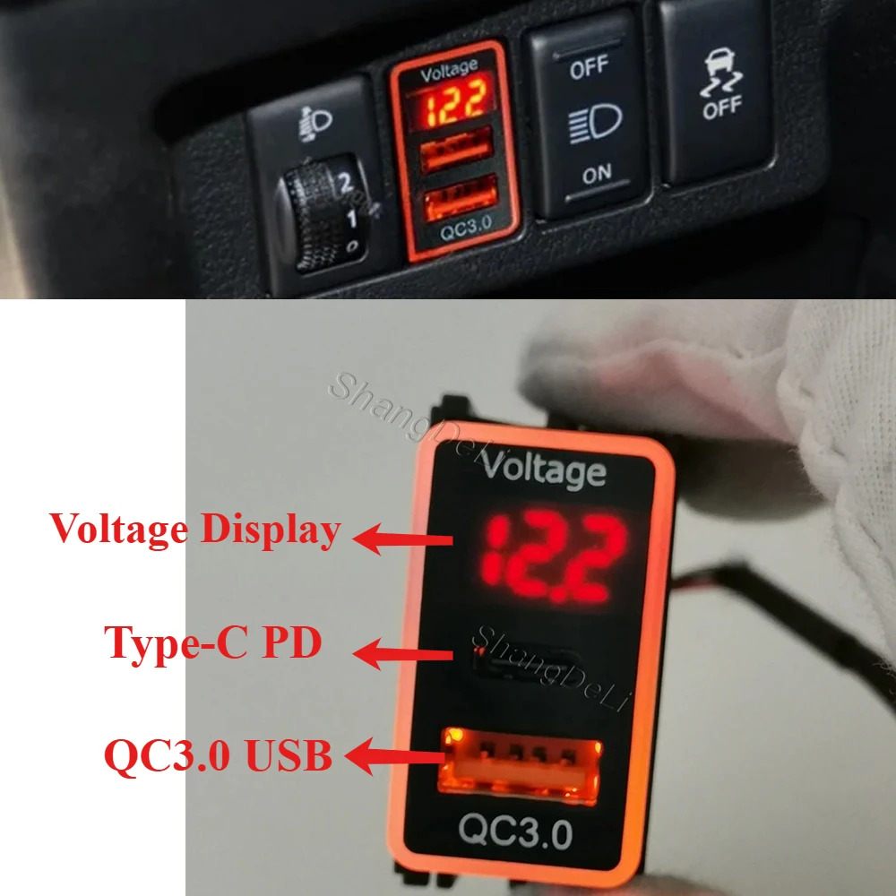 

12V/24V Car QC3.0 USB Type-C PD Dual Charger with Voltage Display for Nissan Patrol Y62 X-TRAIL SUNNY SYLPHY Teana