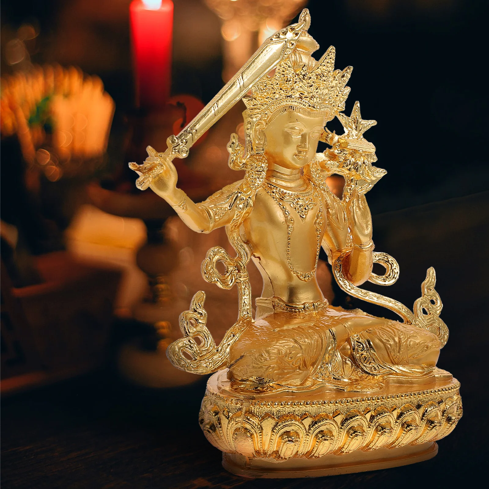 

Gold Plated Manjushri Buddha Statue Compact Alloy Desktop Ornament For Home Office Temple Decor Buddhist Sculpture Vintage