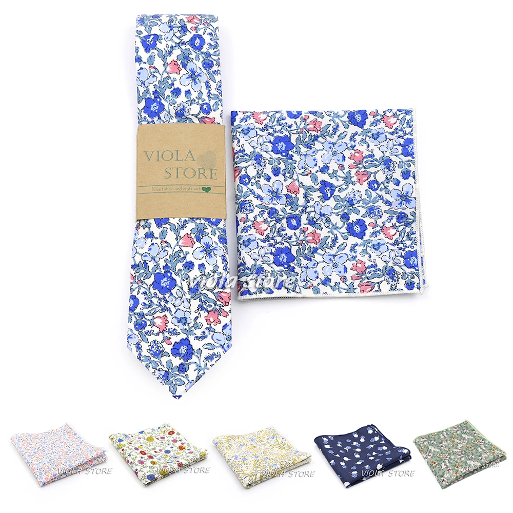 

New Beautiful Floral 6.5cm 100%Cotton Necktie Handkerchief Set Pocket Square Women Men Wedding Party Shirt Cravat Gift Accessory