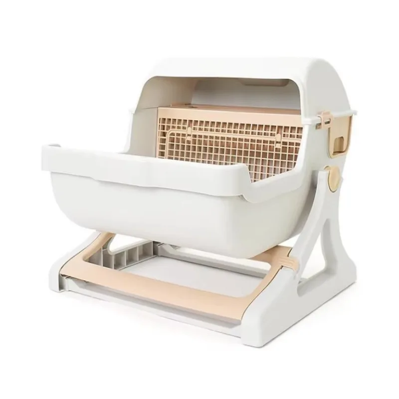 Plastic Cat Litter Box Flip Lid Semi-Automatic Quick Cleaning Luxury Cat Toilet Tray PP Resin Pet Litter Pan Cat Products