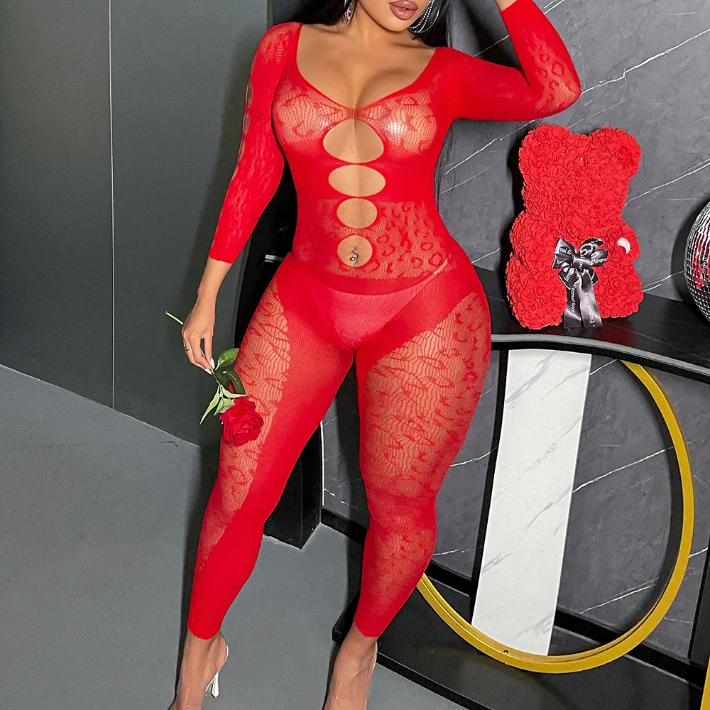 

Сексуальное сетчатое белье с вырезами, красный комбинезон-пижама в европейском и американском стиле, с длинными рукавами, без спинки, облегающий, W840