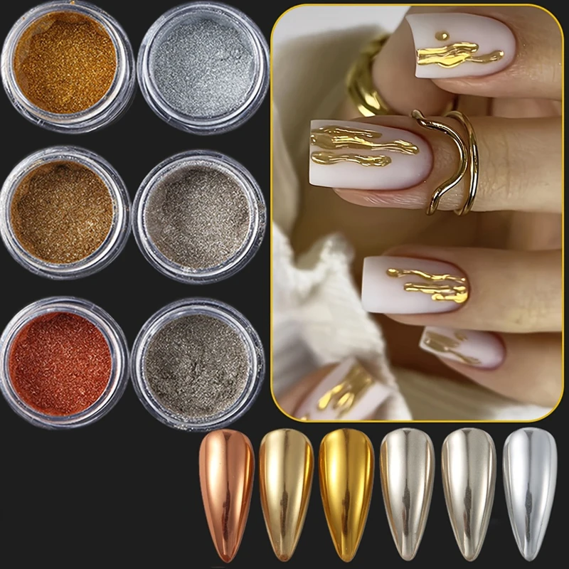 1/6 لون كروم مسحوق الأظافر ذهبي فضي مشرق تأثير معدني مسحوق الكروم للأظافر ، مرآة ثلاثية الأبعاد بريق الغبار كي