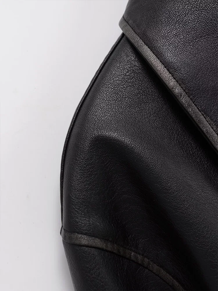 Chaqueta de cuero con bolsillo tipo parche y solapa de color sólido con temperamento versátil a la moda para mujer de estilo europeo