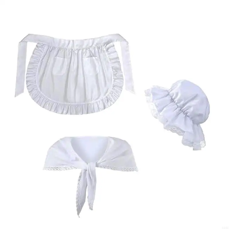634C Women Colonial Costume Accessories Set Shawl Mobs Caps Bonnet Ruffle Half Apron