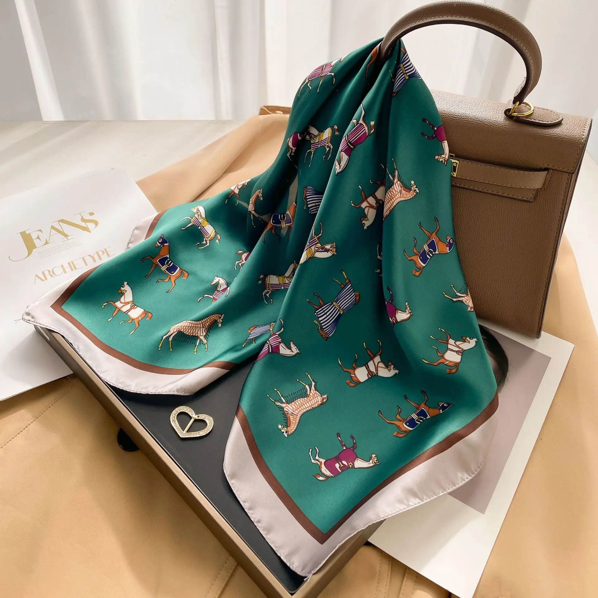 Elegant Orange Horse Print Silk Square Scarf Women Soft Satin Hairband Neckerchief Office Hijab Headband Foulard