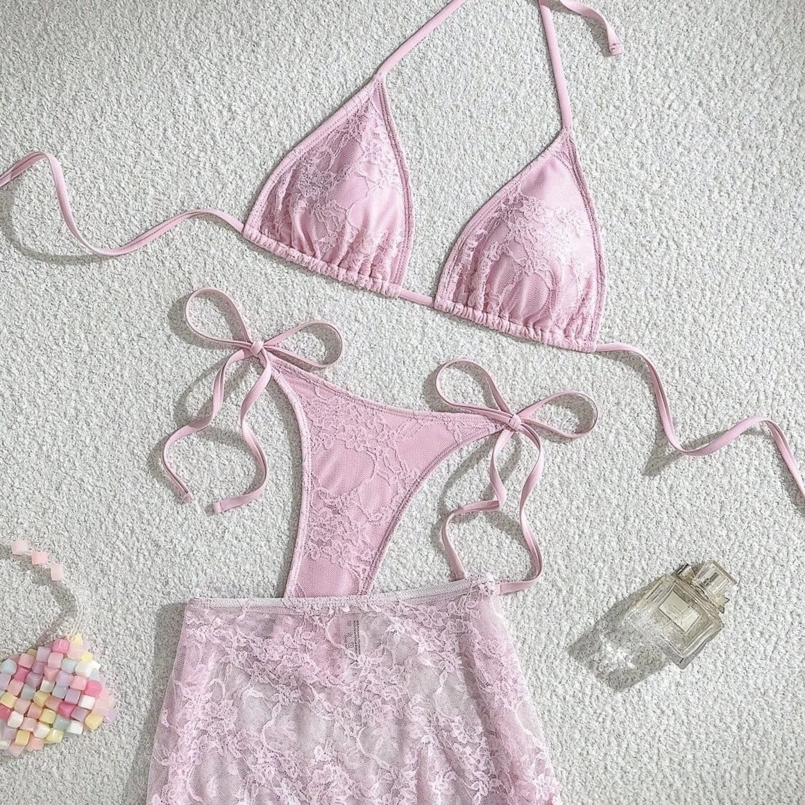

Новый сексуальный кружевной купальник-бикини из трех предметов для женщин: комплект в японском стиле с высокой талией и чашечками, для небольшой компании, в стиле феи