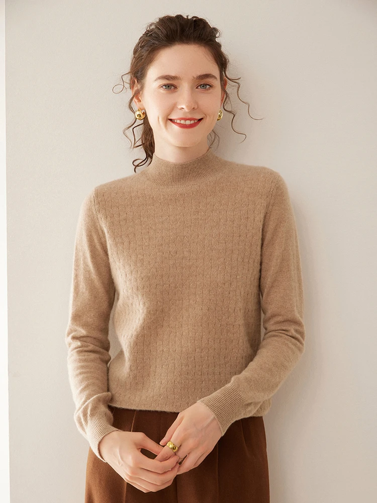 

2024 Basic Cashmere Knitted Sweater Women's Mock-Neck Pullovers Spring Autumn Winer 100% Goat Cashmere Fashion Classic Tops