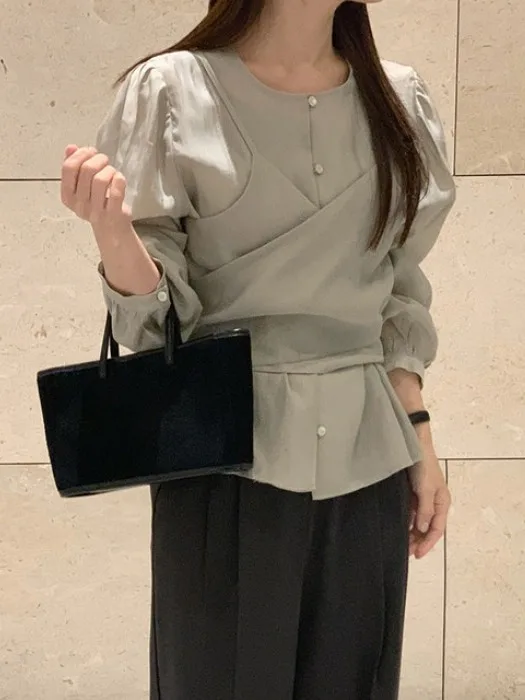 Ele Cross-Belted Long Sve irt Damen Faion Design Sensation Autumn Gentle Sle Chic Flair French Sle Loose Fit