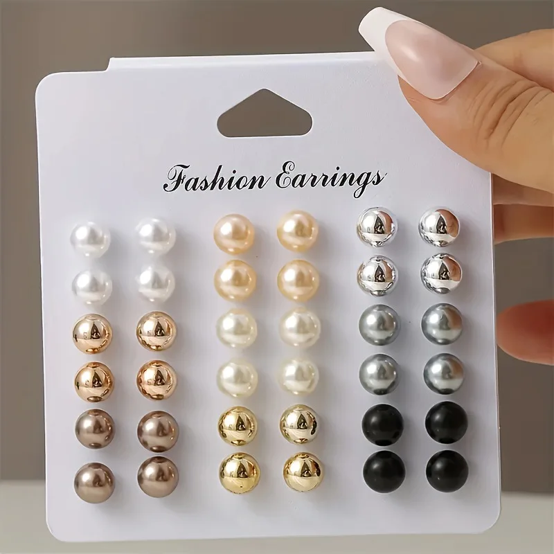 Women Trendy Jewelry Set 18 Pairs Multi-color Imitation Pearl Ball Bead Stud Earrings Korean Style for Party Wedding