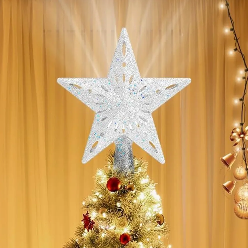 Neue Schneeflocken-Sterne, Weihnachtsbaum-Topper, 3D-Glitzerprojektion, integrierte LED-Weihnachtsbaumbeleuchtung, Silber, Gold, 6 Modi, Party-Dekoration