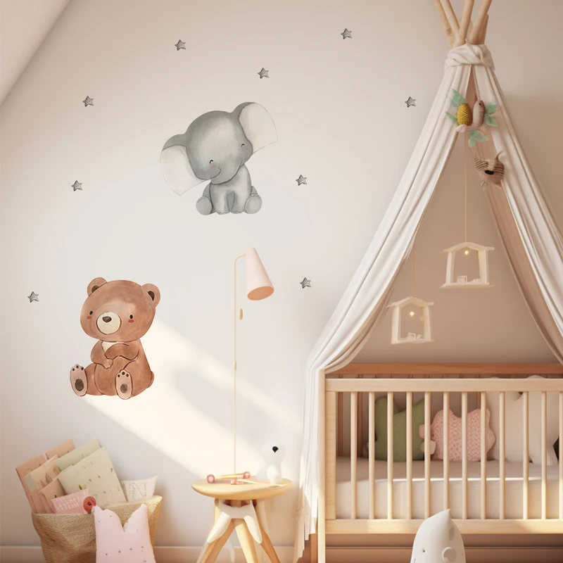 Watercolor Cartoon Animals Wall Stickers For Children\'s Rooms Small Bear Elephant Stars Wallpaper Decoration Kid Bedroom Nursery