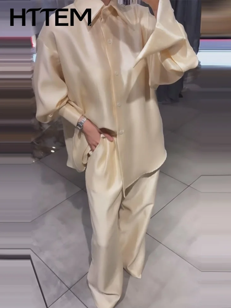 Satin Loses Damen-Oberteil 2-Teiliges Set Lässiges Langarm-Hemd mit Umlegekragen und Einzelknopf Hochgeschnittene Hose Anzug Elegant 2026