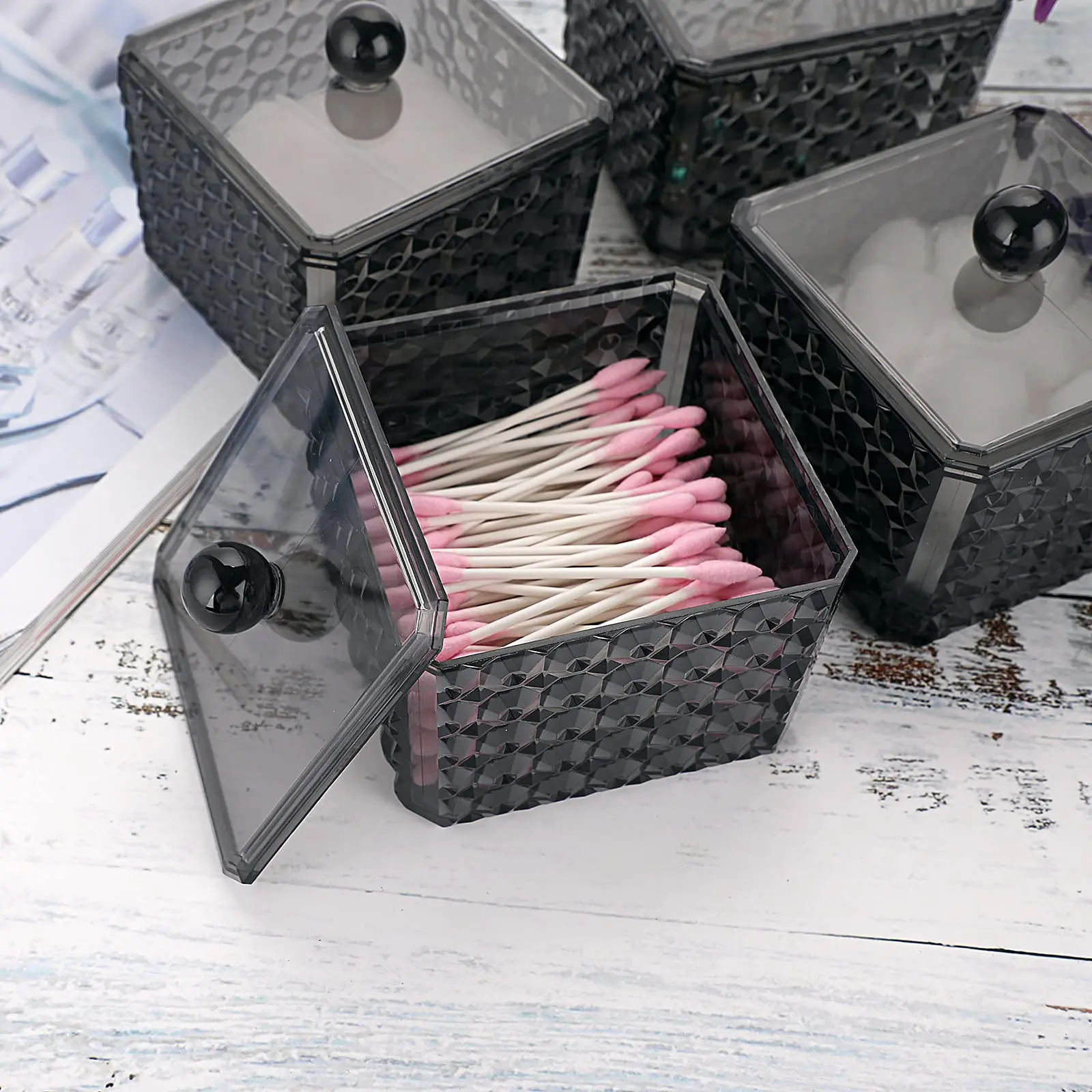 4Pcs Cotton Swab Ball Pad Holder Acrylic Apothecary Jar Dispenser Cotton Balls Canister Jar with Lid, Bathroom Storage Organizer