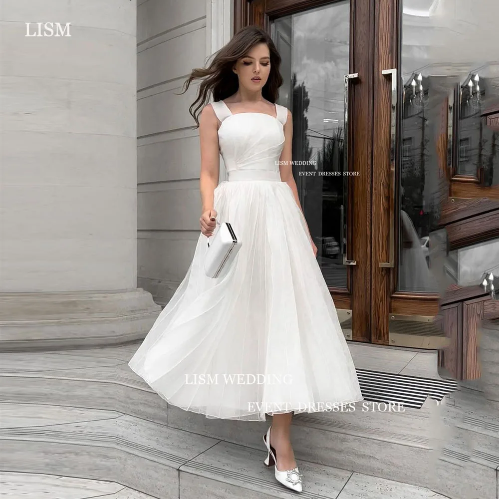 

LISM Simple A Line Organza Wedding Dresses Bride Formal Party Gowns Tea Length Wide Straps Evening gowns Plus Size For Women