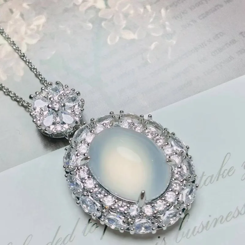 Natural High Ice White Large Egg Surface Agate Inlaid Women's Pendant