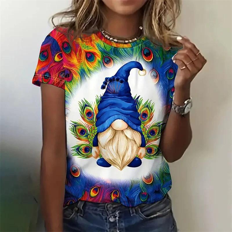 

New 3D Printed Cute Santa Claus Women's T-shirt Flower Peacock Pattern T-shirt Summer Loose T-shirt Short Sleeve Round Neck Tops