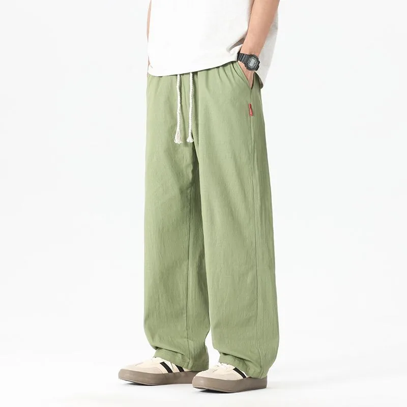 

Men Summer Thin Cotton Linen Pants Elastic Waist Loose Straight Wide Leg Casual Trousers