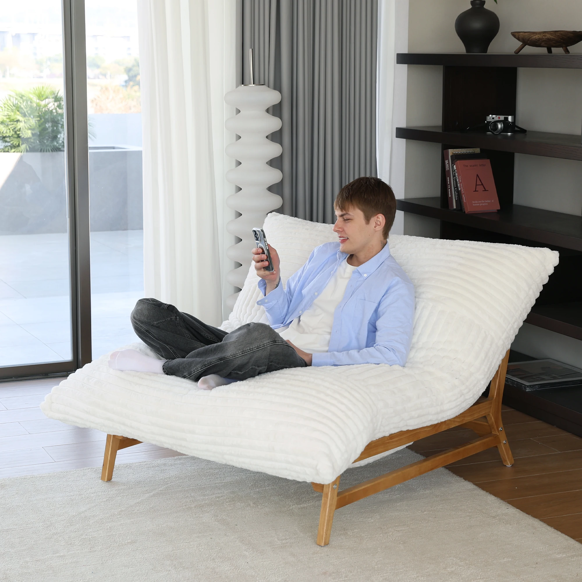 

ATUNUS Nordic Minimalist Lazy Accent Chair Living Room Leisure Corduroy Vacuum Compressed Beige Lazy Recliner Sofa Chair