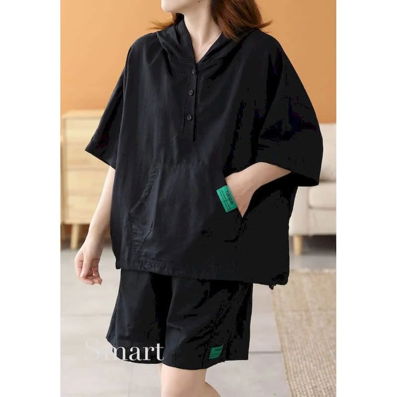 Shorts Sets Korean Style Casual Basic Pants Sets Half Sleeve Hooded T-shirt 2 Piece Sets Women Outfits Summer Sportswear Suits