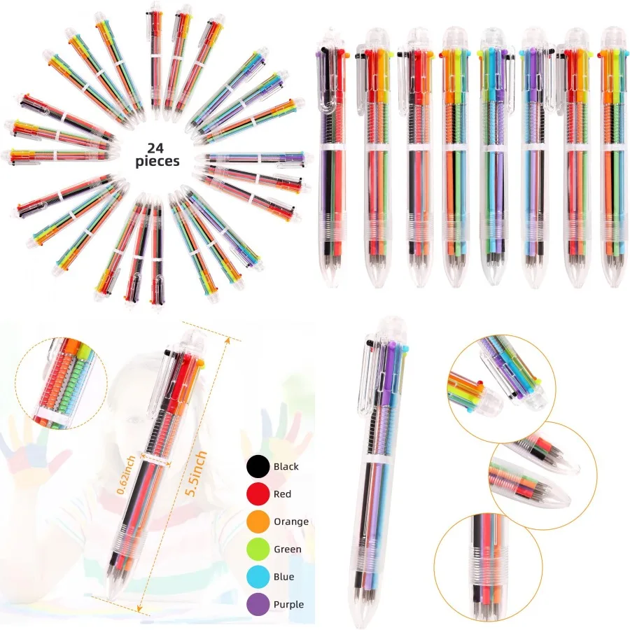 

DAIKOYE 24 шт., 0,5 мм, многоцветная шариковая ручка 6 в 1, 6 цветов в прозрачном корпусе, идеально подходит для офиса и школы