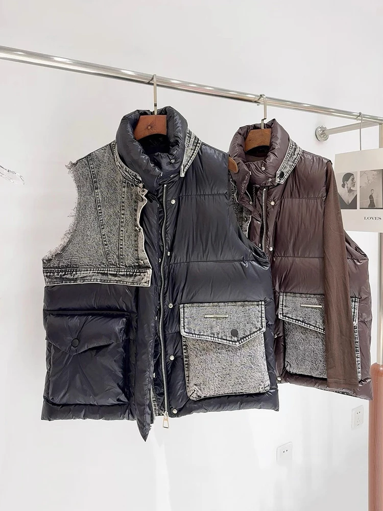 

Autumn Winter Denim Splicing Glossy Down Vest Women White Duck Down Stand Collar Sleeveless Vests Female Zipper Warm Waistcoat