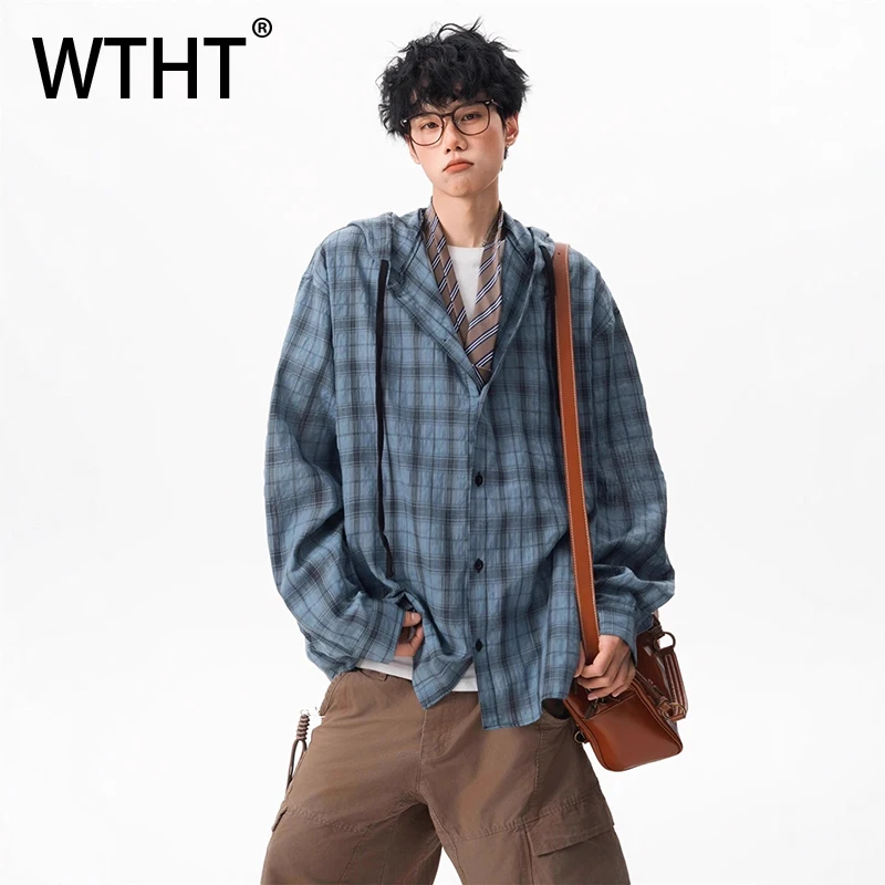 

WTHT Vintage Men's Plaid So Old Design Japanese-style Shirts Fashion 2025 Autumn Hooded Single-breasted Tops Male 2A1760